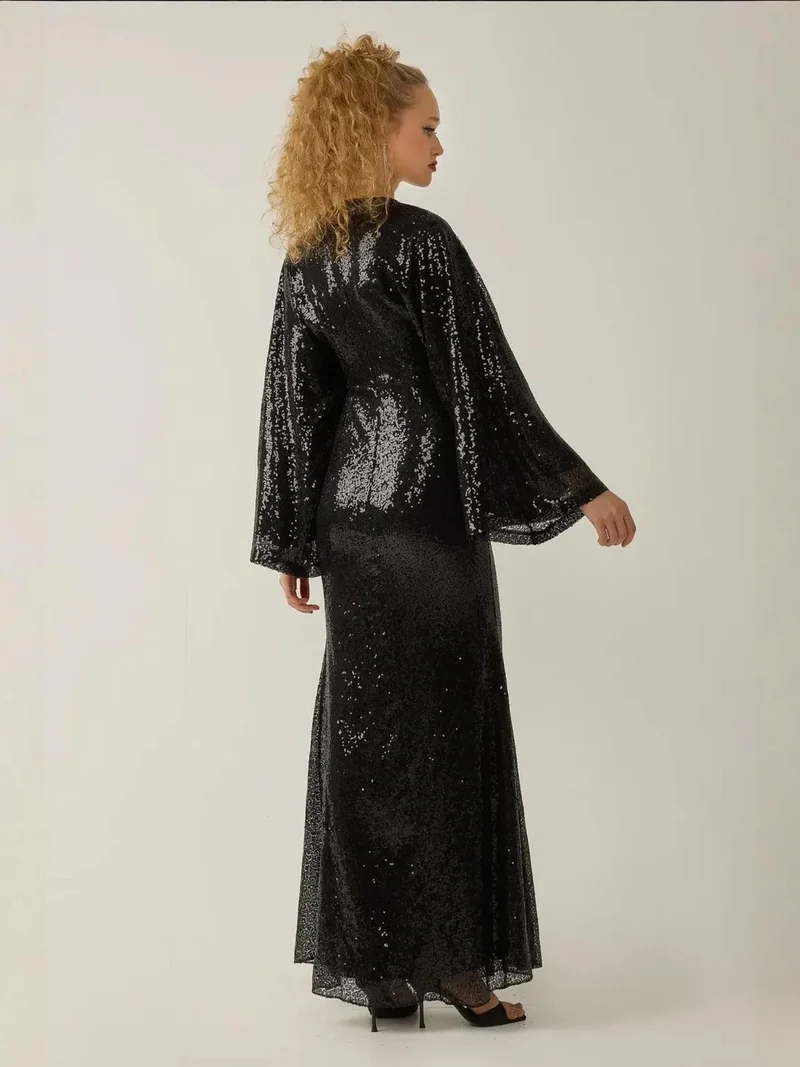 HICCUP Black Sequin V-Neck Angel Sleeve Maxi Dress for Women | Best Price UAE