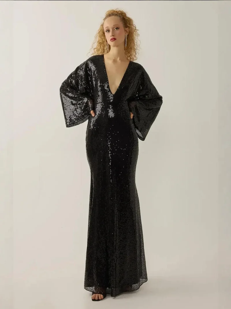HICCUP Sequin V-Neck Angel Sleeve Maxi Dress