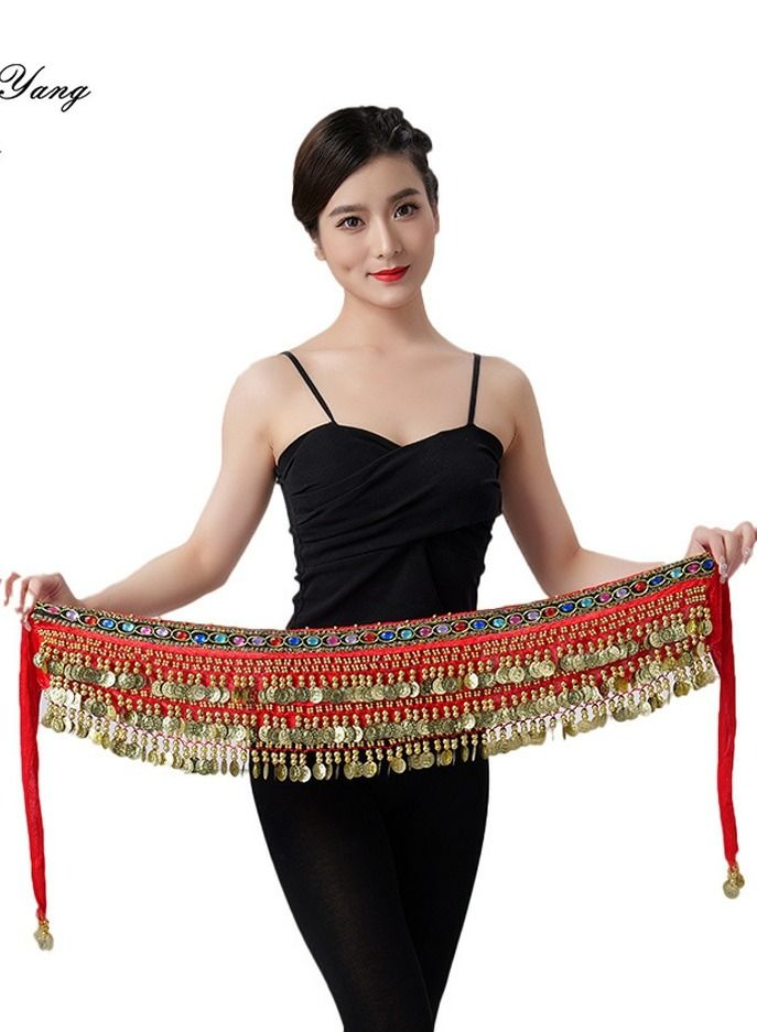 Loquat Coins Pendant Diamond Waist Chain Skirt Belly Dance Tassel Waist Wrap Belt Skirts Party Rave Costume Red