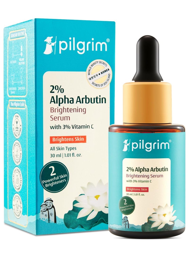 PILGRIM Korean Alpha Arbutin 2 Percent Vitamin C 3 Percent Brightening Face Serum Glowing Skin All Skin Types Men Women Vegan Cruelty Free 30ml - Image 1