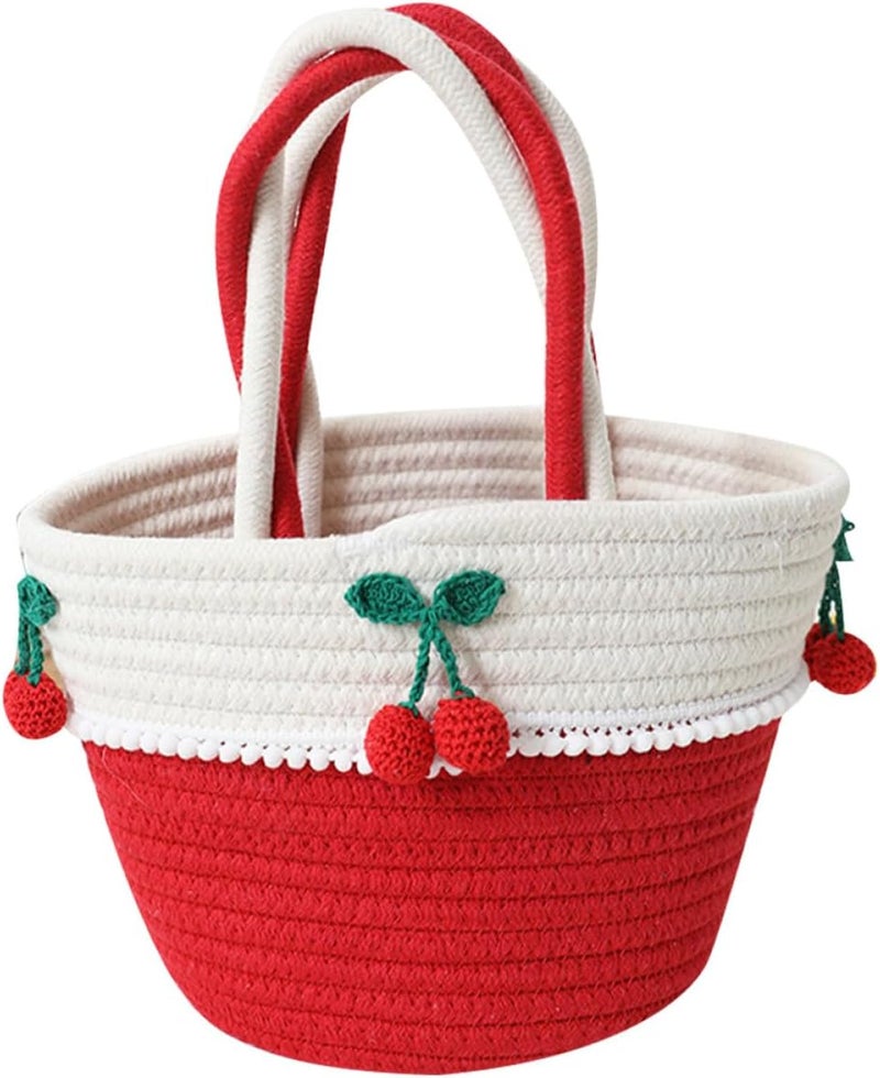Small Cotton Rope Cherry Edge Storage Basket with Handle, Woven Sundries Organizer for Home Décor and Table Storage - Image 1
