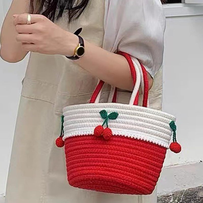 Small Cotton Rope Cherry Edge Storage Basket with Handle, Woven Sundries Organizer for Home Décor and Table Storage - Image 5