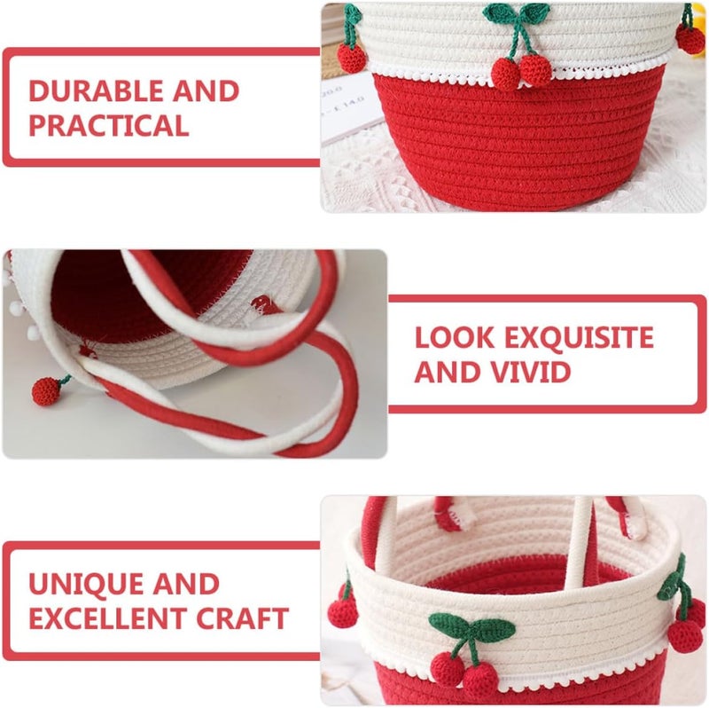 Small Cotton Rope Cherry Edge Storage Basket with Handle, Woven Sundries Organizer for Home Décor and Table Storage - Image 3