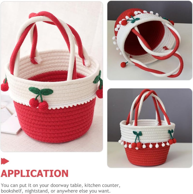 Small Cotton Rope Cherry Edge Storage Basket with Handle, Woven Sundries Organizer for Home Décor and Table Storage - Image 4