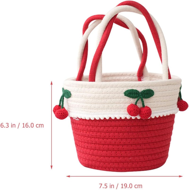 Small Cotton Rope Cherry Edge Storage Basket with Handle, Woven Sundries Organizer for Home Décor and Table Storage - Image 2