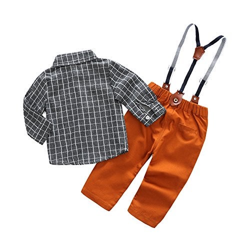Kimocat Baby Boy Casual Suit 2pcs Cotton Long Sleeve Plaid Button-Down Shirt Pant with Suspenders Outfits Clothes Set (18/24M) - Image 2