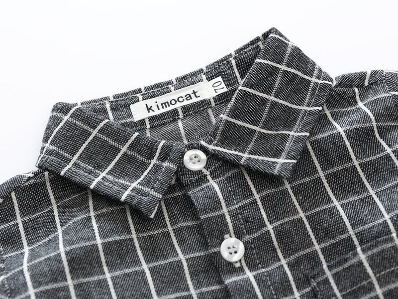 Kimocat Baby Boy Casual Suit 2pcs Cotton Long Sleeve Plaid Button-Down Shirt Pant with Suspenders Outfits Clothes Set (18/24M) - Image 3