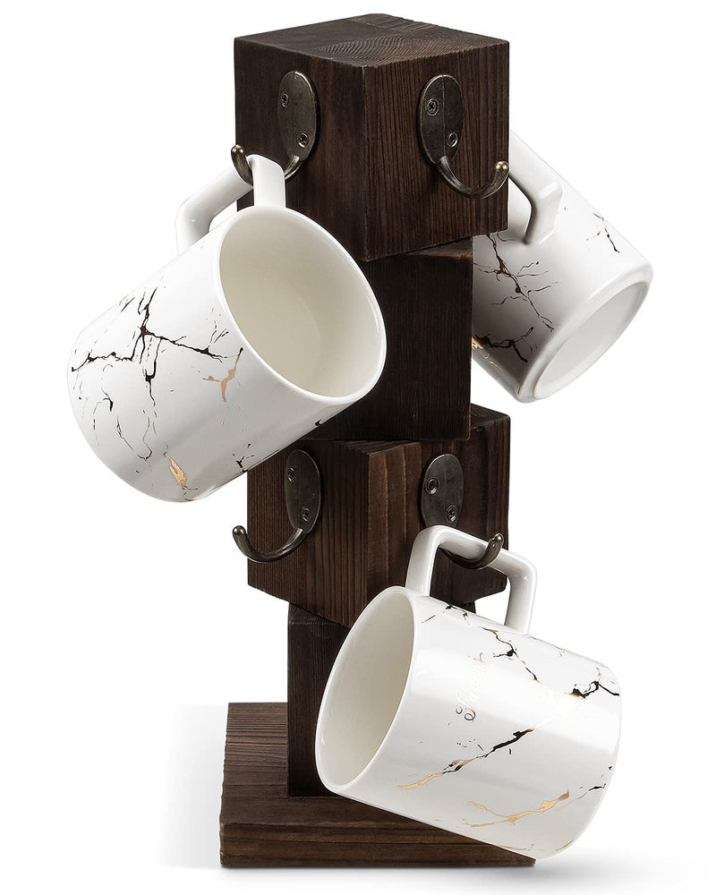 PUERSI Coffee Mug Holder for Counter, Rustic Solid Wood Mug Tree, Farmhouse Wooden Coffee Cup Rack with 8 Hooks (Rustic Brown) - Image 1