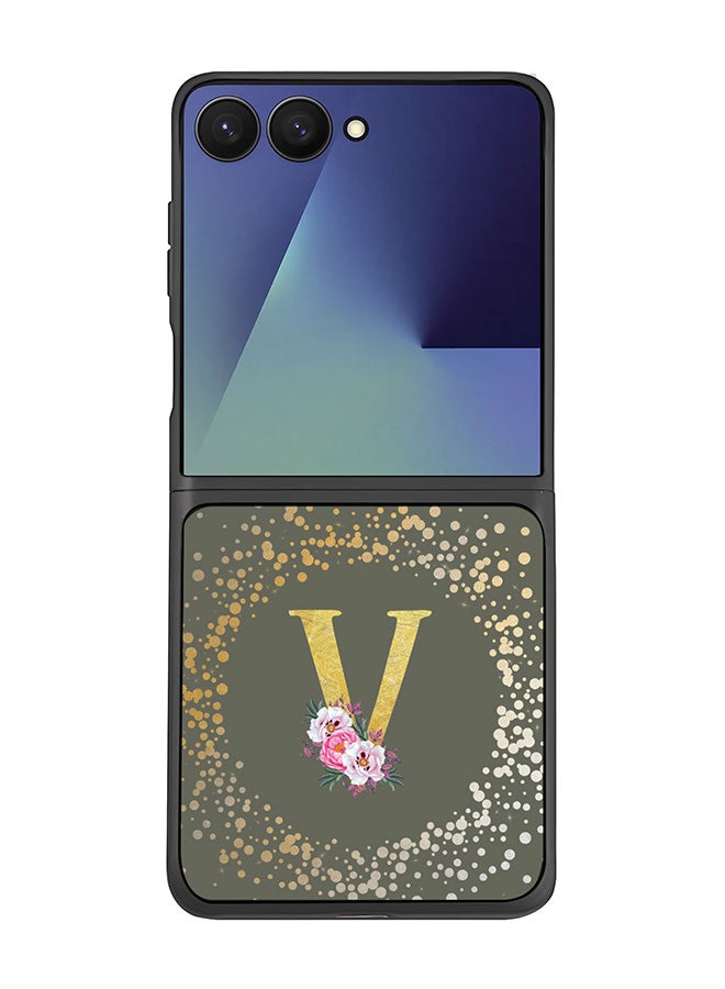 Stylizedd For Samsung Galaxy Z Flip7 Case,Slim fit Camera Protection, Shockproof Thin Phone cover  - Custom Monogram Floral - V  (Olive Green )