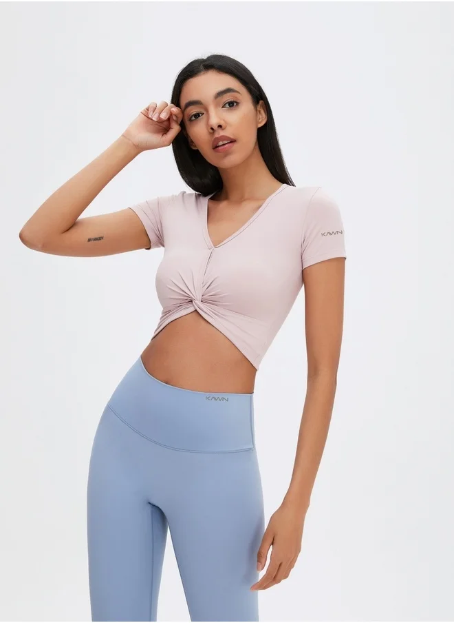 كون.يوغا Womens Short Sleeves V-neck Twist Crop Top