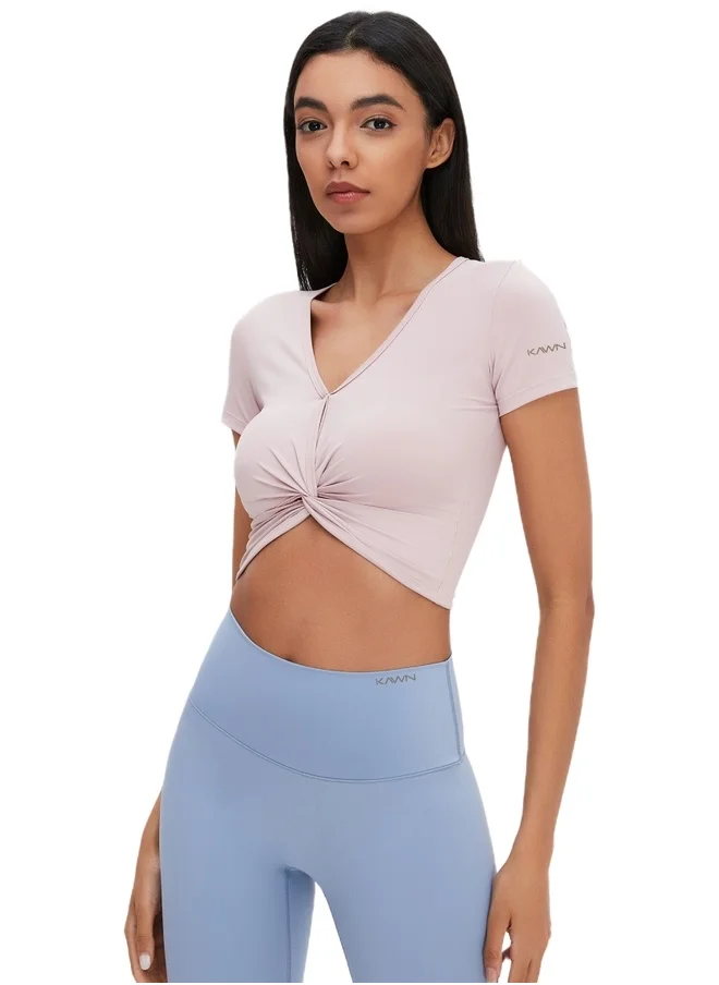 كون.يوغا Womens Short Sleeves V-neck Twist Crop Top