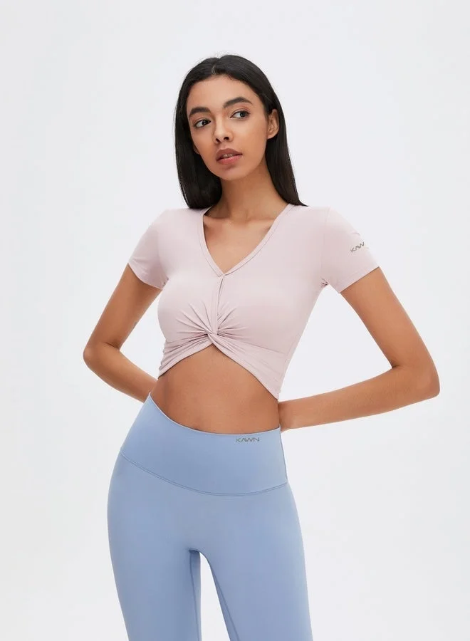 Kawn.yoga Cream White Womens Short Sleeves V-neck Twist Crop Top for Women | Best Price UAE