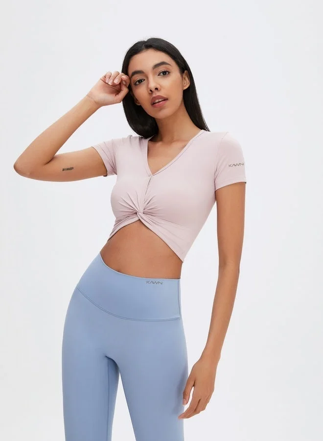 كون.يوغا بلوزة قصيرة نسائية بأكمام قصيرة وياقة على شكل  وربطة ملتفة