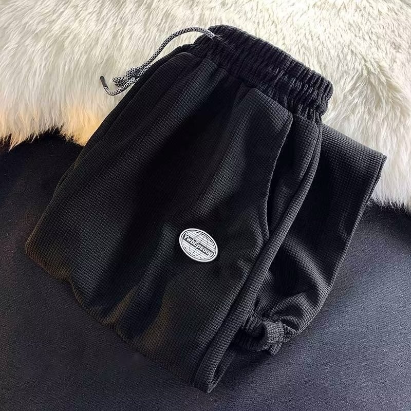 Pants mens autumn and winter fleece-lined 2024 new waffle casual pants loose toe spring and autumn sports pants Black [thin section] 