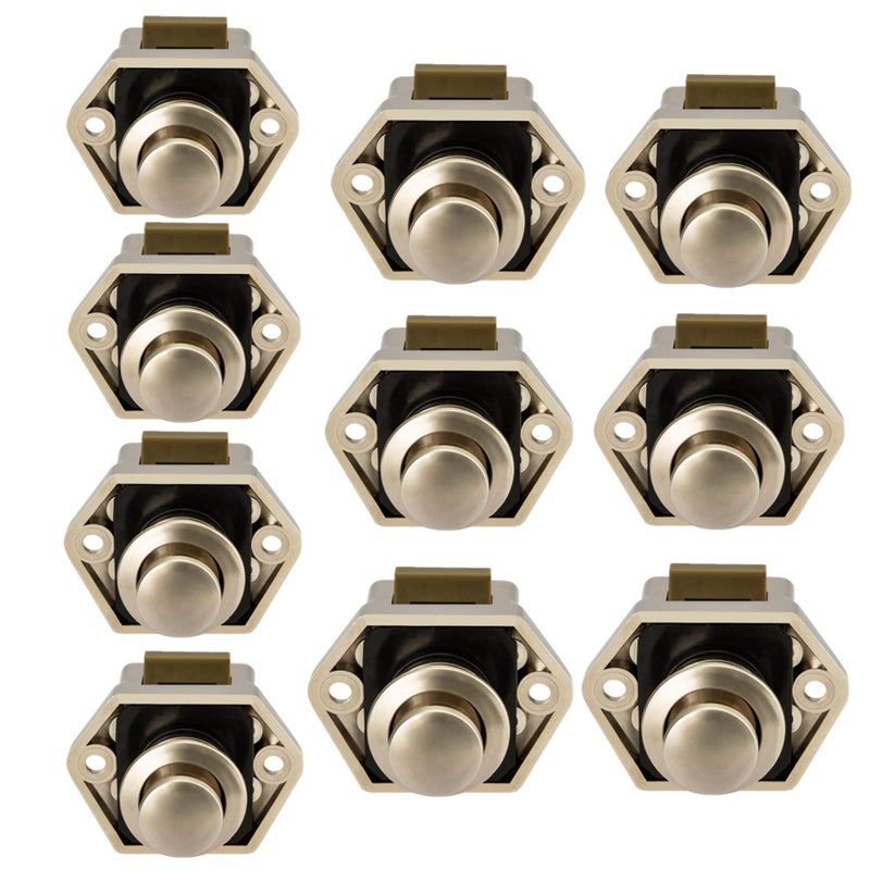 OCGIG 10Pcs RV Cabinet Mini Push Button Latch Locks Catch Door Knobs Gold for RV Caravan Cupboard Handle Nickel Plated - Image 1