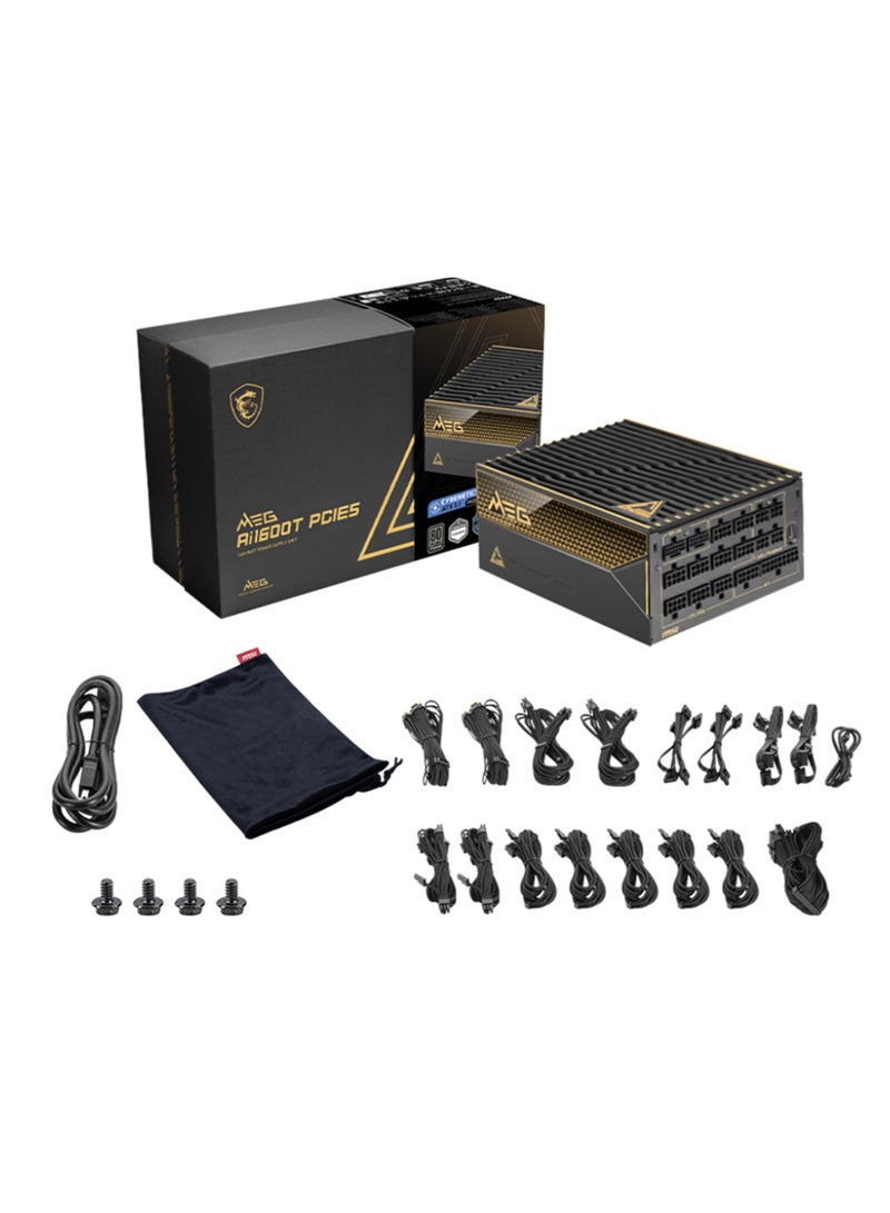 MSI MEG Ai1600T PCIE5 1600W 80 PLUS Titanium Fully Modular PSU, 135mm Fan, 2x 16-pin PCI-E 5.1 (600W), 9x 6+2 PCI-E, 8x SATA, 8x Peripheral, PFC, 100-240V Input, 3840W Power Excursion, Over Protection Features (OCP/OTP/OPP/SCP/OVP/UVP/SIP/NLO) | 306-7ZPEX18-CEO - Image 1