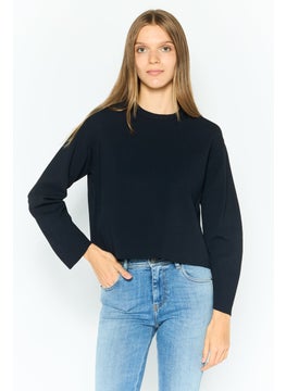 Women Crew Neck Knitted Sweater, Navy