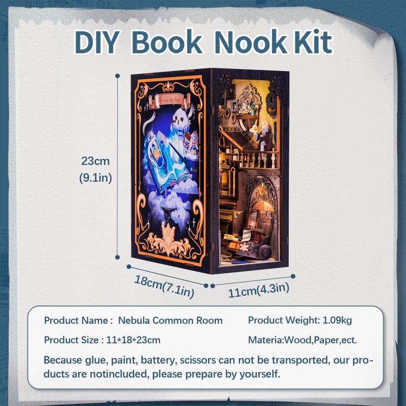 Fsolis Book Nook Kit DIY Miniature House Kit, 3D Wooden Puzzles for Adults Booknook Magic Bookshelf Diorama Decor Decoratvie Bookends Tiny House Gifts for Women Teens Book Lovers(Nebula Common Room) - Image 5