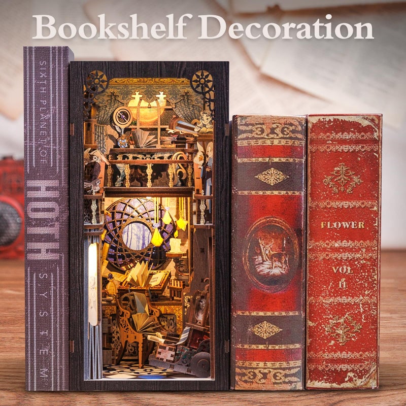 Fsolis Book Nook Kit DIY Miniature House Kit, 3D Wooden Puzzles for Adults Booknook Magic Bookshelf Diorama Decor Decoratvie Bookends Tiny House Gifts for Women Teens Book Lovers(Nebula Common Room) - Image 2