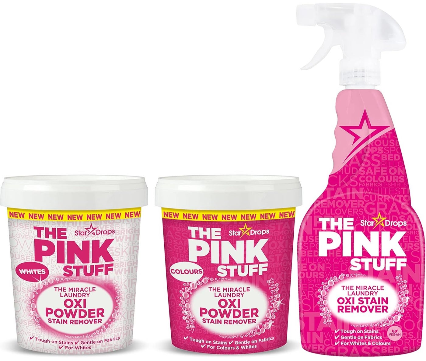 THE PINK STUFF Stardrops The Pink Stuff Miracle Laundry Stain Remover Kit 3-Pack – Oxi Powder for Whites & Colors + Pre-Treat Spray – Powerful Fabric Stain Removal Bundle