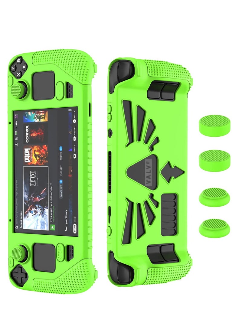 SOLARAE Steam Deck Standing Protective Case, Thickening Silicone Accessories Protector, Soft Cover Skin Shell with 2 Pairs Thumb Grips, Full Protection Kit to Anti-Slip for Valve Stream Deck (Green) - Image 1