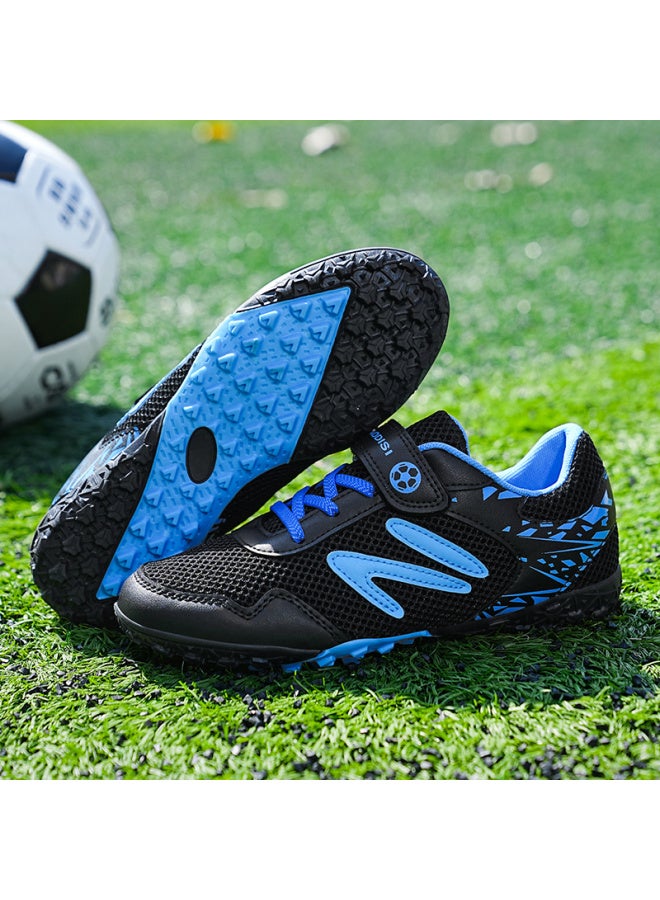 Messi Children's Football Shoes - TF Short Nails, Wear-Resistant Training Shoes, Breathable Velcro, Black and Blue M361-1 Mesh Broken Nails, Free Socks + Shin Guards