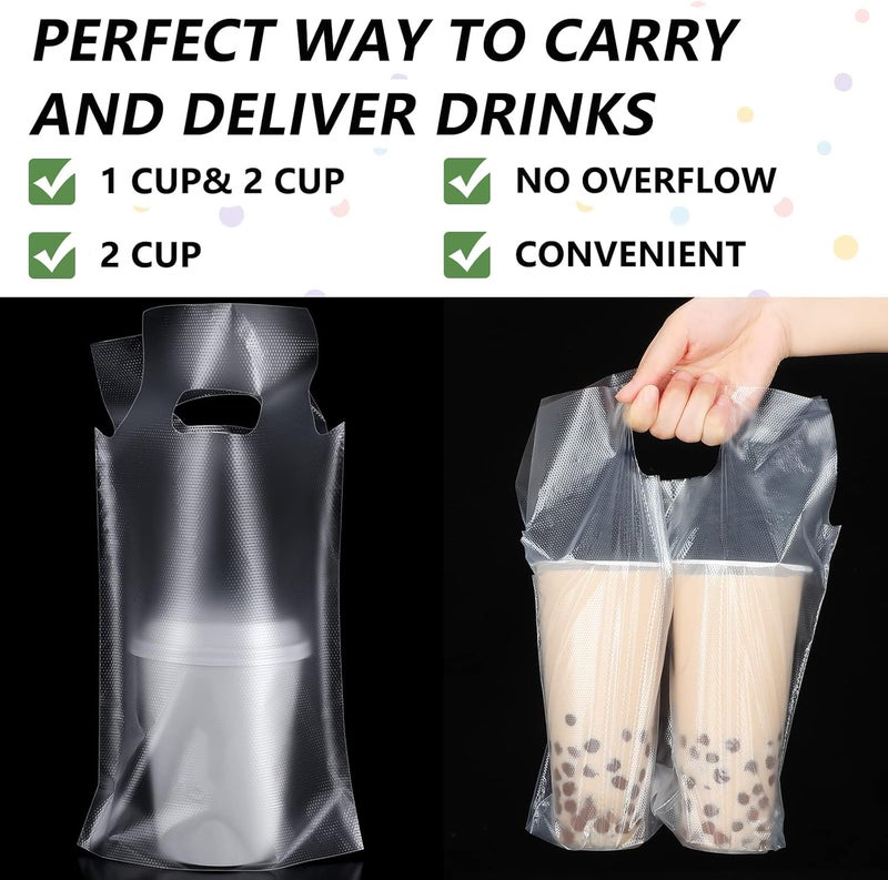 Tinlade 500 Pcs Clear Handle Drinking Poly Bags Bulk 2 and 1 Cup Plastic Portable Cup Carrier Holder Bag Packaging Delivery Hanging Hole, 6.3 x 10.2, 12.2 x 10.2 Inch - Image 4