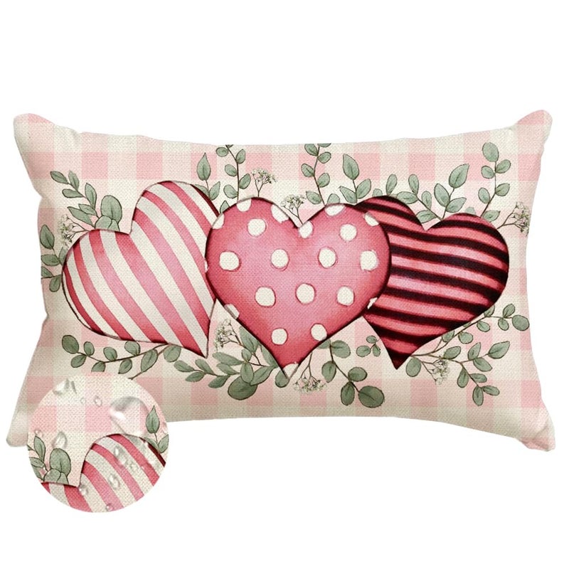 RABUSOFA Valentine Heart Outdoor Pillow Covers 12x20 Inch Waterproof, Pink Love Plaid Spot Romantic Holiday Party Lumbar Cushion Cases Valentines Day Decoration for The Home (Pink, 12" x 20") - Image 1