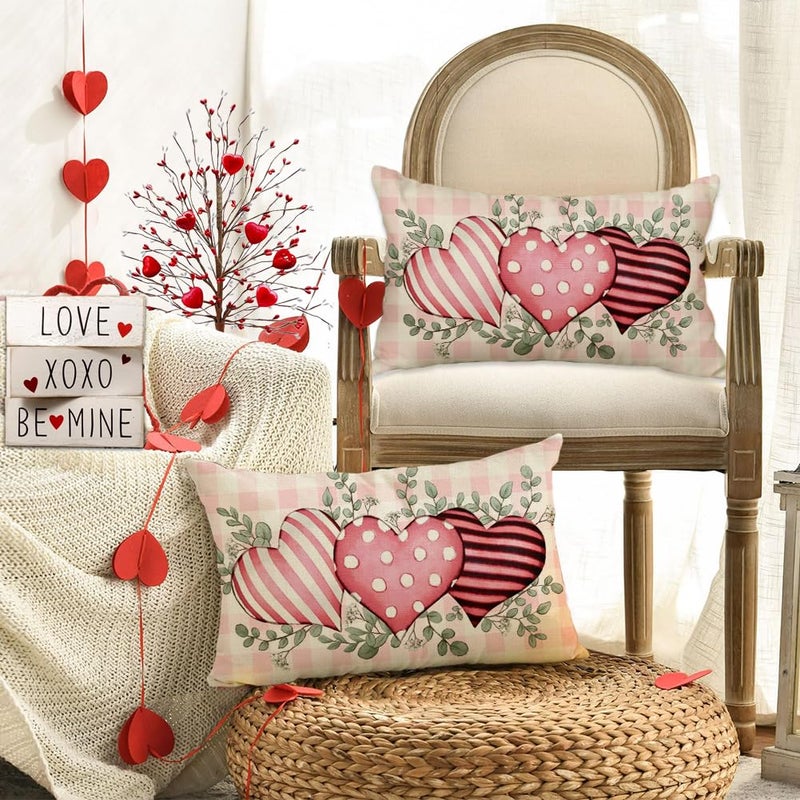 RABUSOFA Valentine Heart Outdoor Pillow Covers 12x20 Inch Waterproof, Pink Love Plaid Spot Romantic Holiday Party Lumbar Cushion Cases Valentines Day Decoration for The Home (Pink, 12" x 20") - Image 2