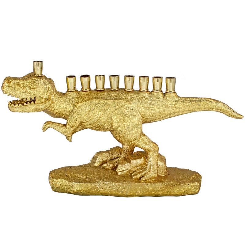 Zion Judaica Ltd Zion Judaica Gold Dinosaur Menorah 3D Polyresin with Brass Cups Functional Kids Dino Candle Menorah Fits Standard Chanukah Candles Collectible Hanukkiah