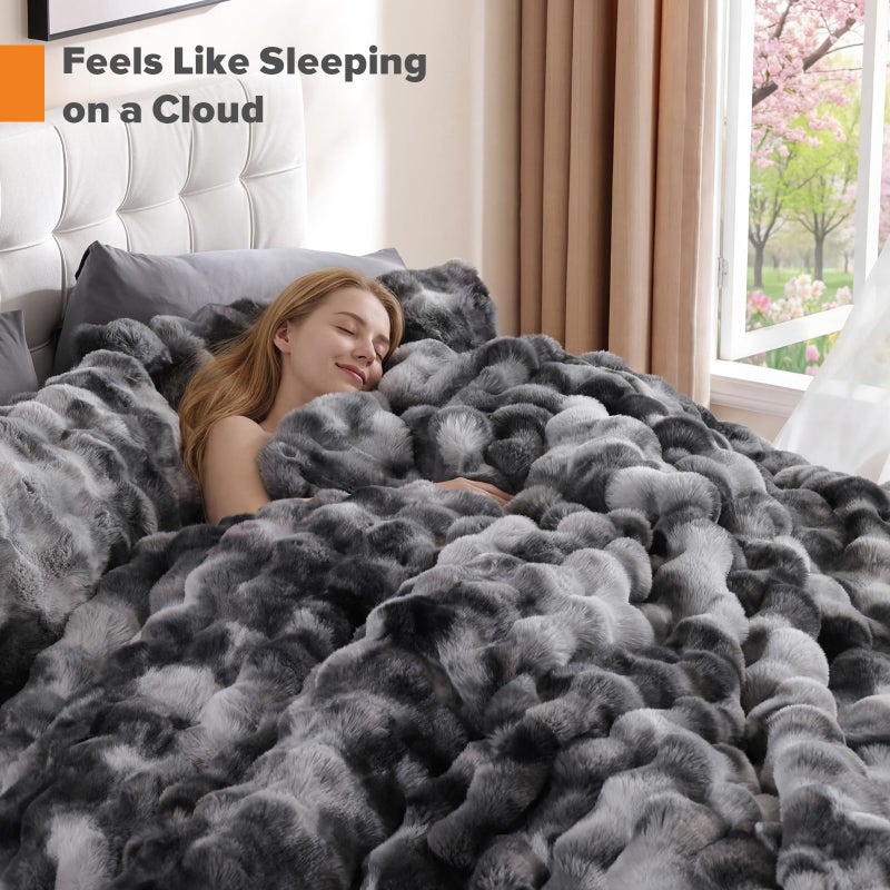 YIKUSH Tie-dye Grey Comforter Set Queen - Luxurious Faux Fur Comforter for Winter, Fluffy Comforter Queen Set with 2 Pillowcases, Soft Warm Tie-dye Grey Bedding Set - Image 3