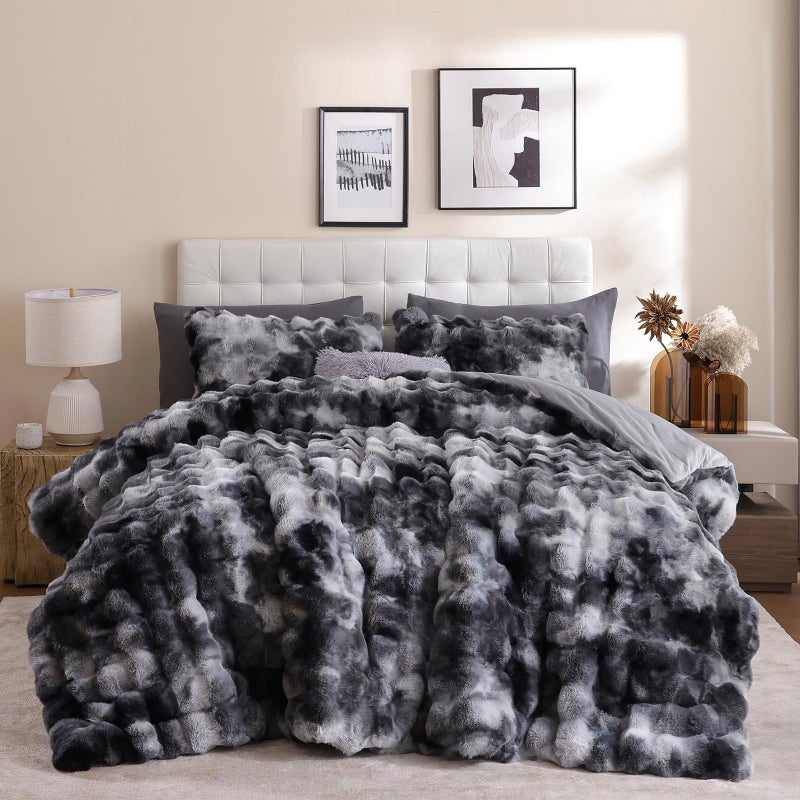 YIKUSH Tie-dye Grey Comforter Set Queen - Luxurious Faux Fur Comforter for Winter, Fluffy Comforter Queen Set with 2 Pillowcases, Soft Warm Tie-dye Grey Bedding Set - Image 1