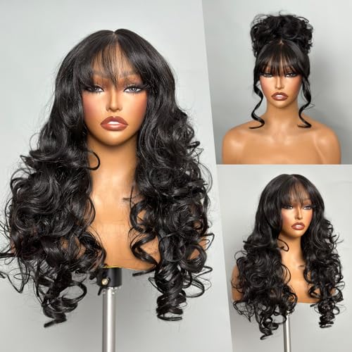 GORGIUS Black Wigs with Bang Body Wave Wig Long Natural Black Glueless Wavy Wig for Women Crafted with Style-Archive Technology: Premium Fiber, Realistic Look with True Scalp - Image 1