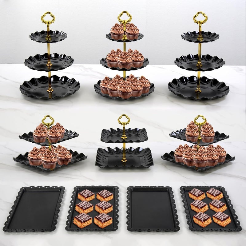 NWK Pack of 10 NWK Cake Stand Set, with 3 x Two-Tier and 3 x Three-Tier Cupcake Stands, 4 x Appetizer Trays, 1 x Tablecloth for Birthday Bridal Baby Shower Party (Black) - Image 1