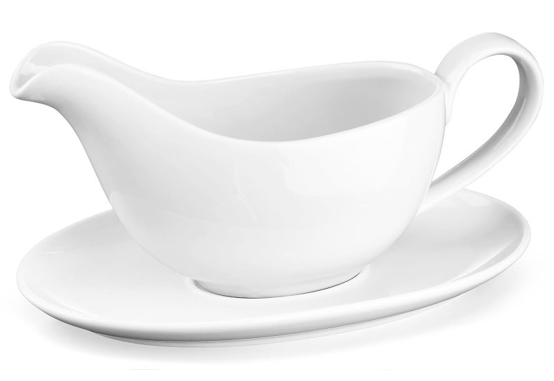 Yedio 18 oz Gravy Boat with Saucer Large White Ceramic Gravy Boat Boat and Tray for Turkey Beef Sauce Salad Dressing Creamer Milk BrothMicrowave and Dishwasher Safe