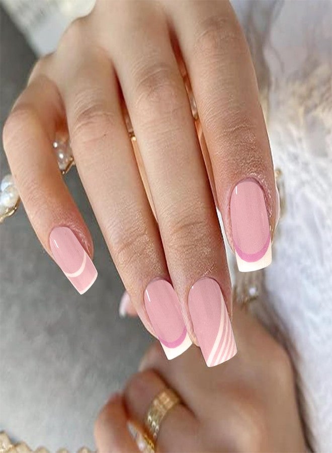 YOSOMK Gel Nail Stickers for Women, Pink White French Nail Strips, UV Free, 16 Nails Wraps White Line Patteren, Includes 1 Nails File, 1 Wooden Stick and 2 Prep Pad - Image 2
