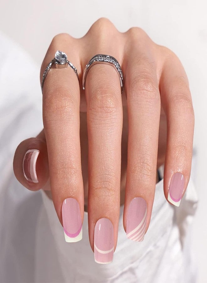 YOSOMK Gel Nail Stickers for Women, Pink White French Nail Strips, UV Free, 16 Nails Wraps White Line Patteren, Includes 1 Nails File, 1 Wooden Stick and 2 Prep Pad - Image 3