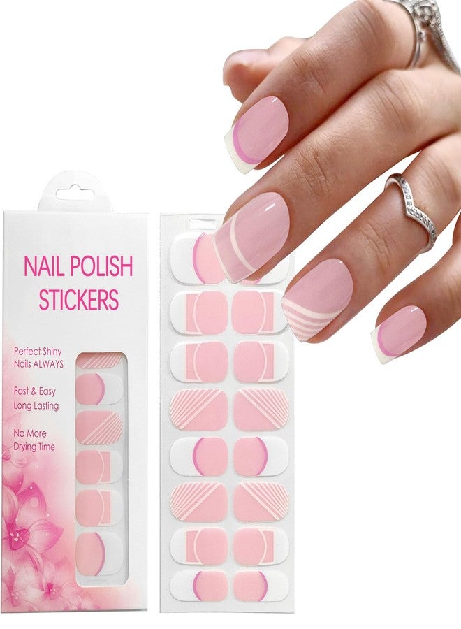 YOSOMK Gel Nail Stickers for Women, Pink White French Nail Strips, UV Free, 16 Nails Wraps White Line Patteren, Includes 1 Nails File, 1 Wooden Stick and 2 Prep Pad - Image 1