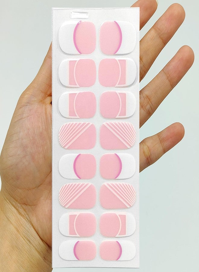 YOSOMK Gel Nail Stickers for Women, Pink White French Nail Strips, UV Free, 16 Nails Wraps White Line Patteren, Includes 1 Nails File, 1 Wooden Stick and 2 Prep Pad - Image 5