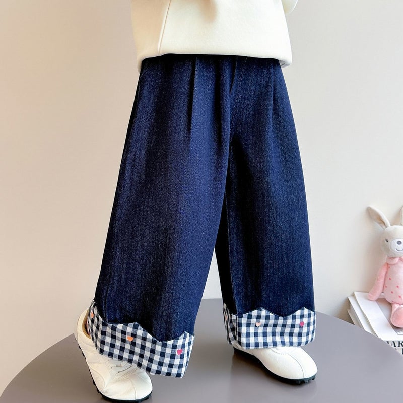 Children's Denim Jeans with Plaid Patchwork - Image 1
