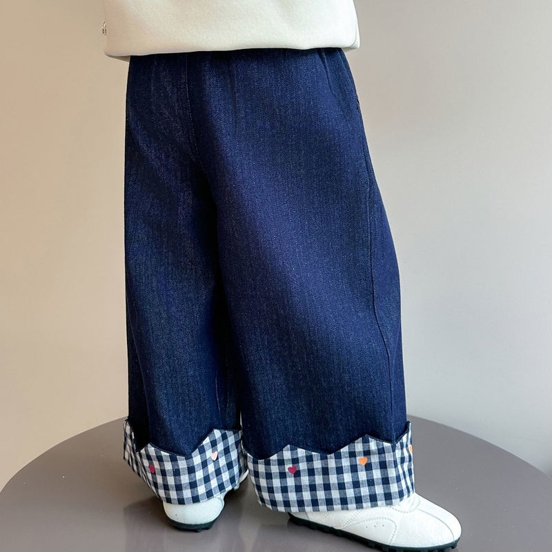 Children's Denim Jeans with Plaid Patchwork - Image 3