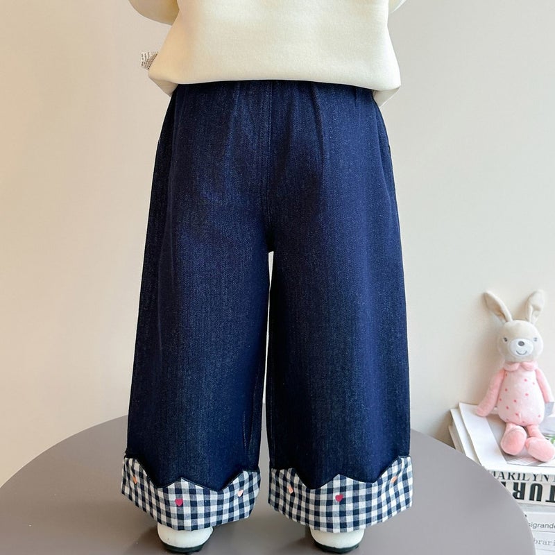 Children's Denim Jeans with Plaid Patchwork - Image 2