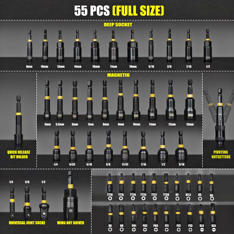 Facoow 55PCS Impact Nut Driver Set Magnetic, SAE&Metric Nut Drivers, Deep Impact Nut Drivers, Impact Socket Adapters, Wing Nut Driver, Power Bit,Quick Release Extension, Pivoting Nutsetter,Storage Box - Image 2