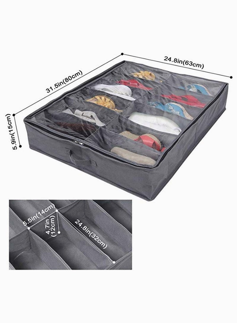 Zikra Organizing Bins Under Bed Shoes Tidy Organiser Foldable Fabric Holder Closet Large Heavy Duty Underbed Storage Bag with Clear Lid 80 x 63 x 15 cm Grey Pattern 12 Pockets x 2 - Image 2