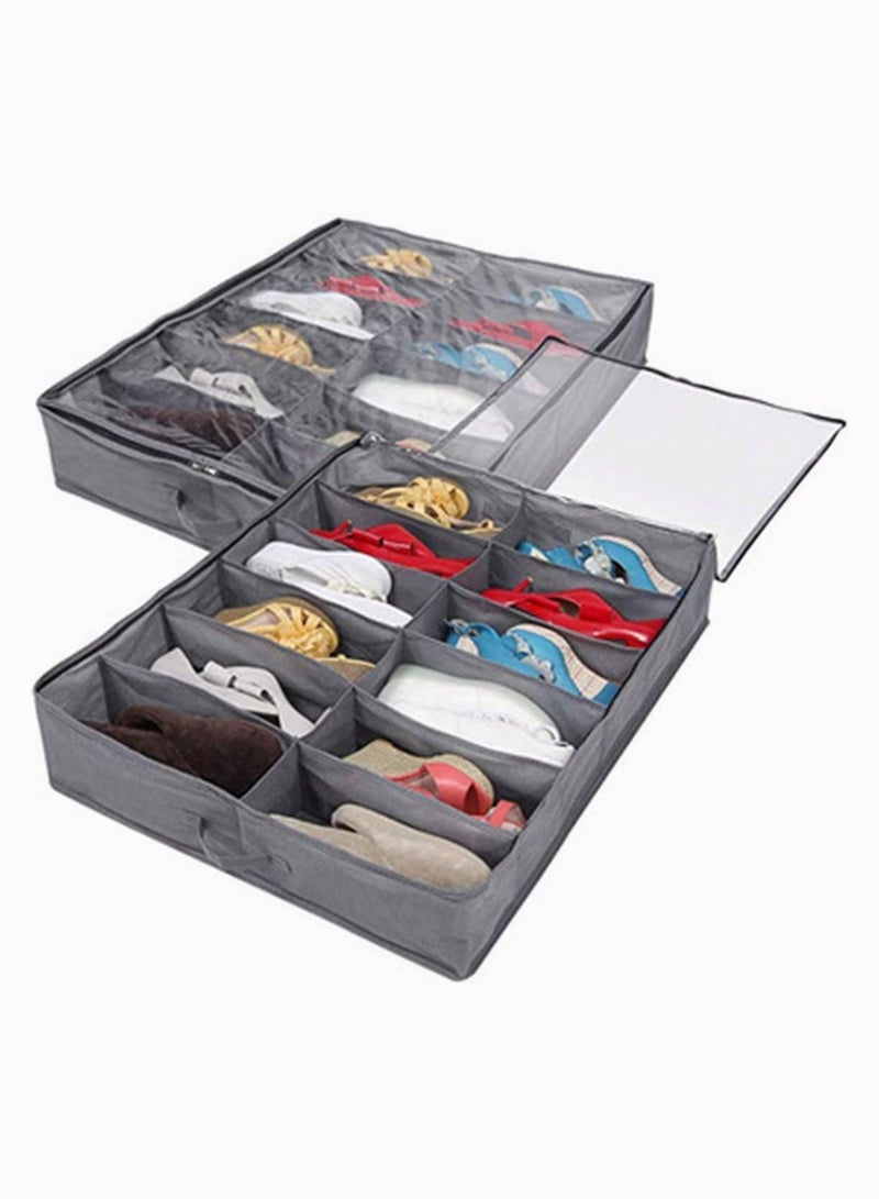 Zikra Organizing Bins Under Bed Shoes Tidy Organiser Foldable Fabric Holder Closet Large Heavy Duty Underbed Storage Bag with Clear Lid 80 x 63 x 15 cm Grey Pattern 12 Pockets x 2 - Image 1
