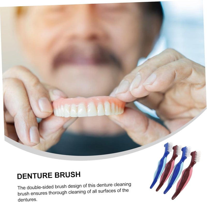 Transit & use compatible OUNONA 4pcs Portable Denture Toothbrushes Compact Travel Toothbrush Double-Sided Denture Care Brush Wet anti slip - Image 3