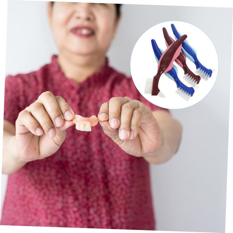 Transit & use compatible OUNONA 4pcs Portable Denture Toothbrushes Compact Travel Toothbrush Double-Sided Denture Care Brush Wet anti slip - Image 2