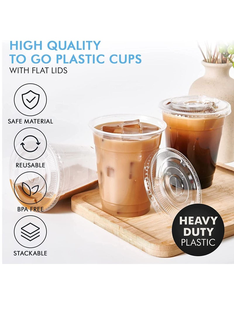 vsell24 50PC Disposable Drinking Plastic Cup 12oz For Smoothie Coffee Water Juice Cups With Flat Lid Clear  - Image 3
