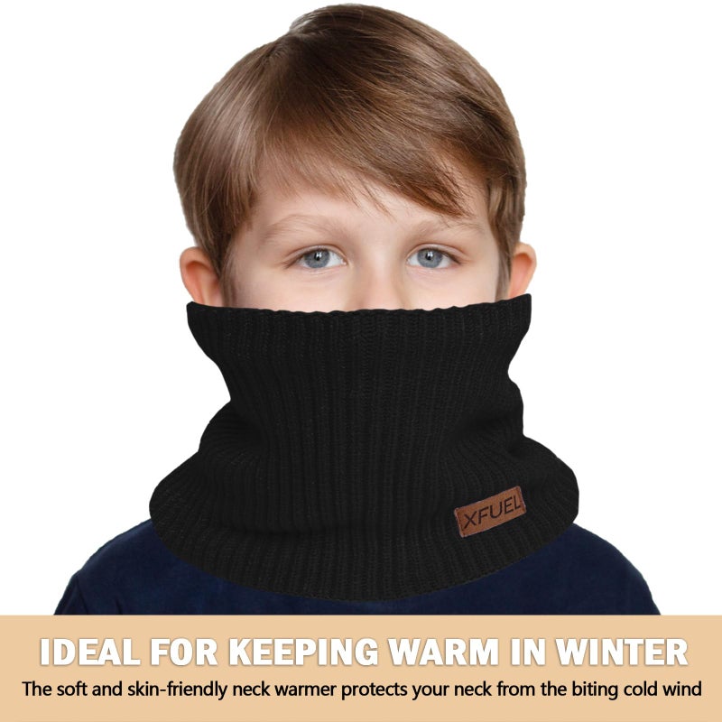 XFUEL Kids Neck Warmer, 2 Pack, Knitted Winter Neck Gaiter, Fleece Lined Infinity Scarf for Boys Girls (black,black) - Image 5
