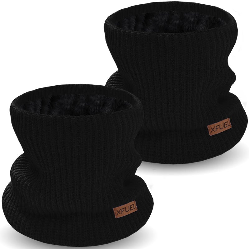XFUEL Kids Neck Warmer, 2 Pack, Knitted Winter Neck Gaiter, Fleece Lined Infinity Scarf for Boys Girls (black,black) - Image 1